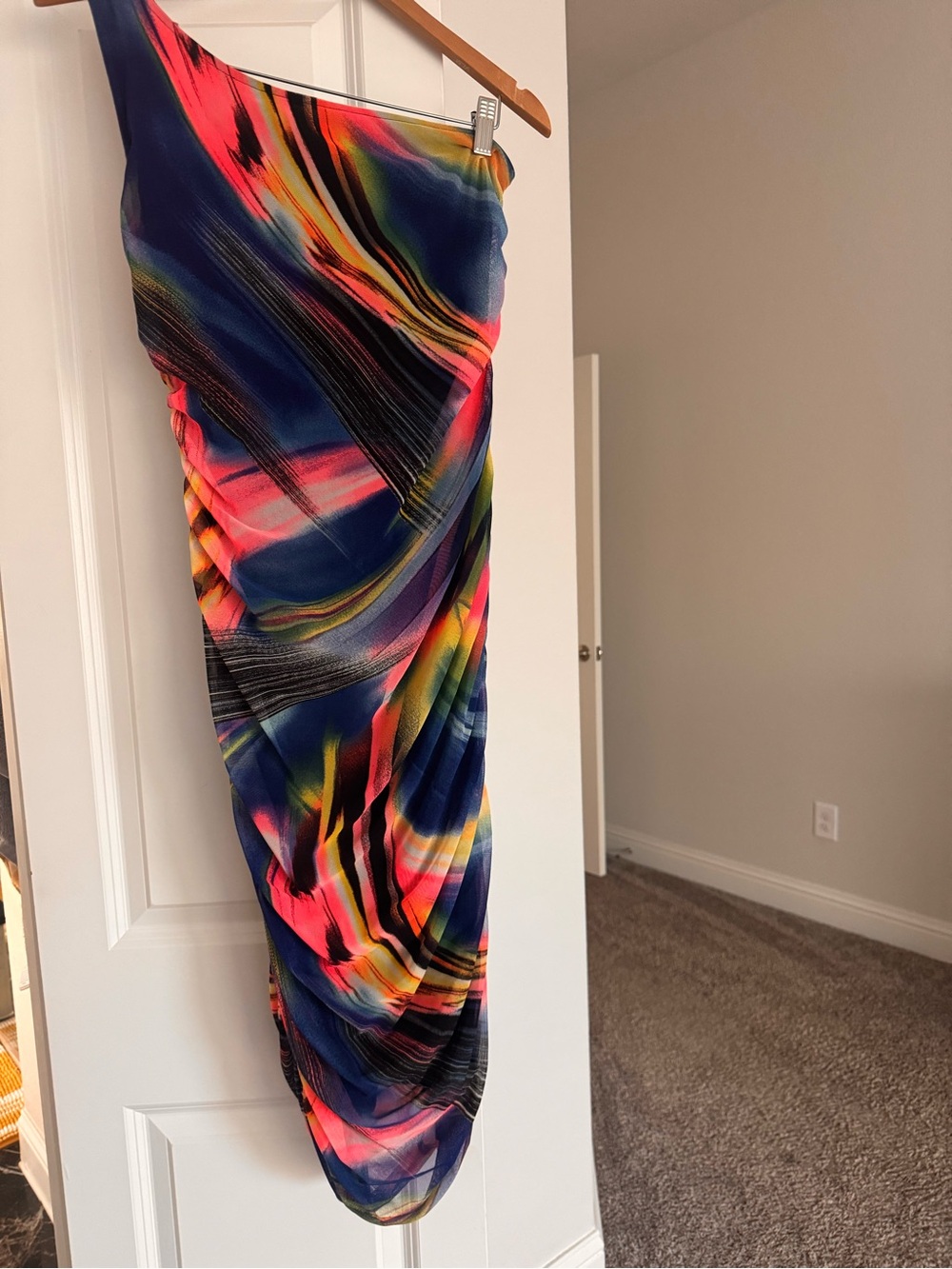 Source Unknown One-Shoulder Midi Dress in Neon Pink, Navy & Yellow Swirl